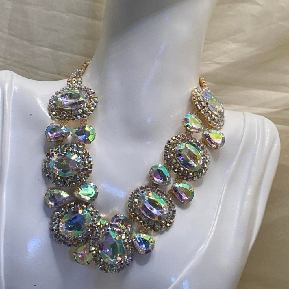 Vintage 90s Aurora Borealis AB Rhinestone Bib Necklace Gold Iridescent Crystal